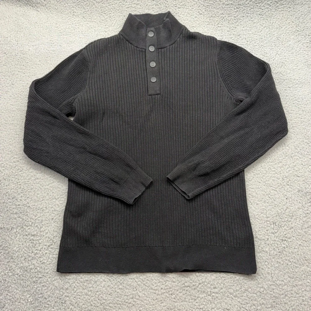 Express 400263 Mens Large Black Sweater Ribbed Knit Quarter Button Mock Neck